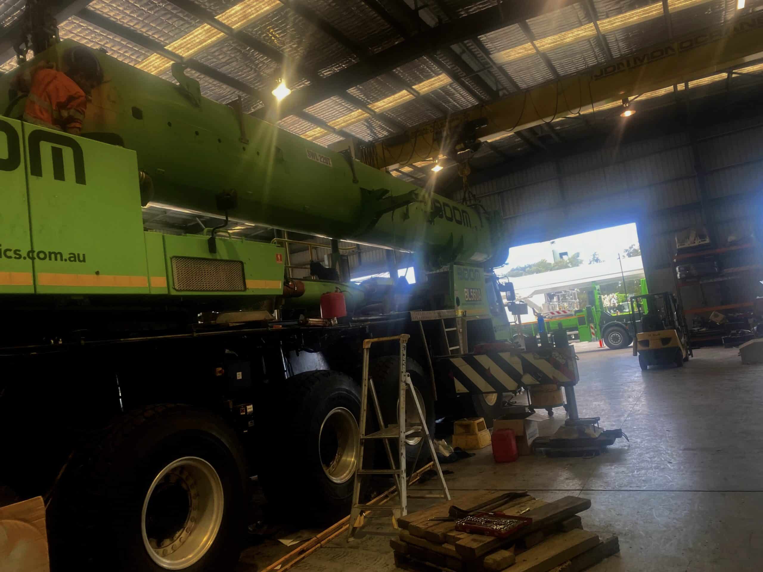 Repairing Green Mobile Crane — Diesel Mechanic in Yandina, QLD